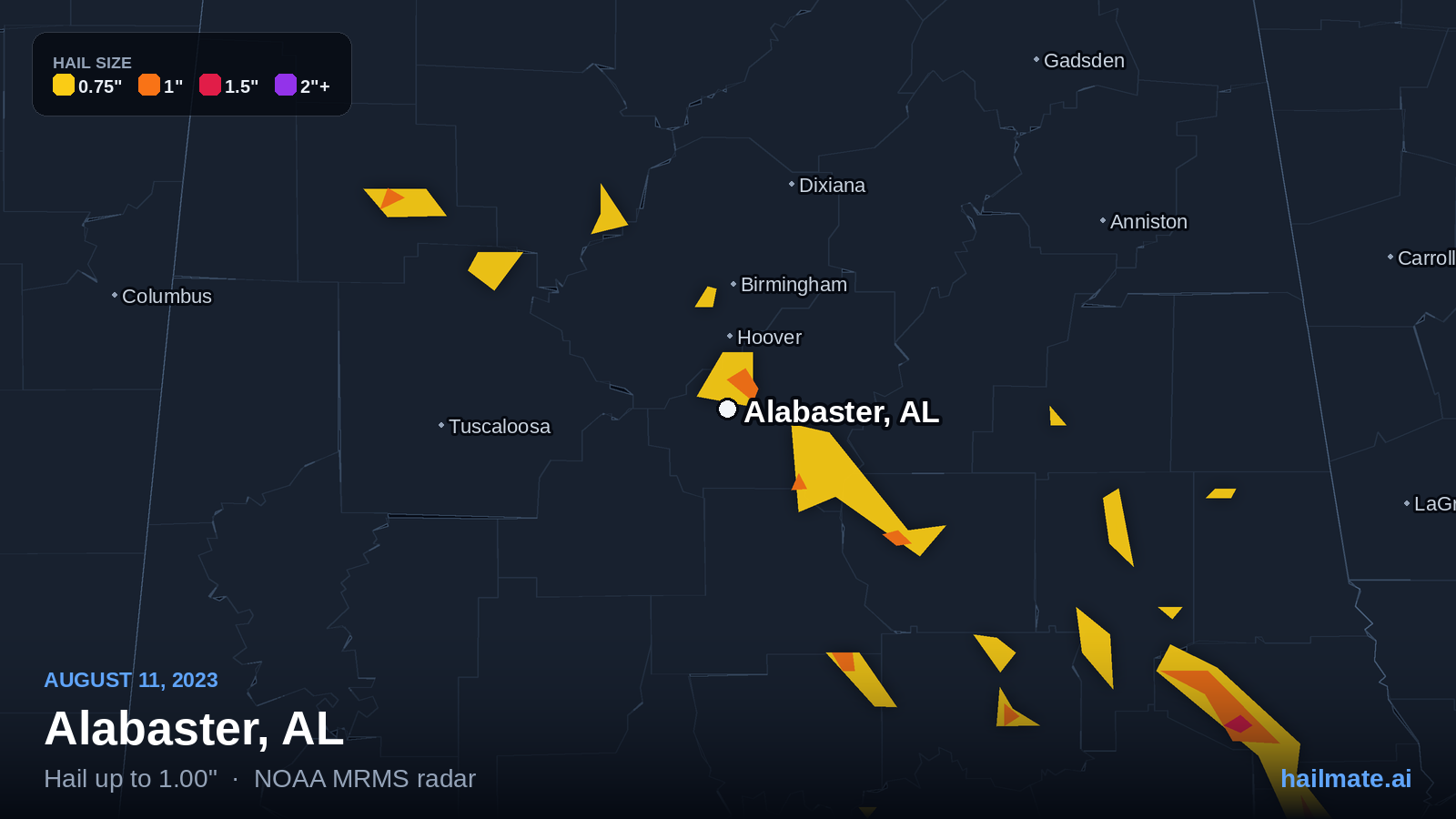 Hail swath map for Alabaster, AL on August 11, 2023 showing 1.00 inch hail.