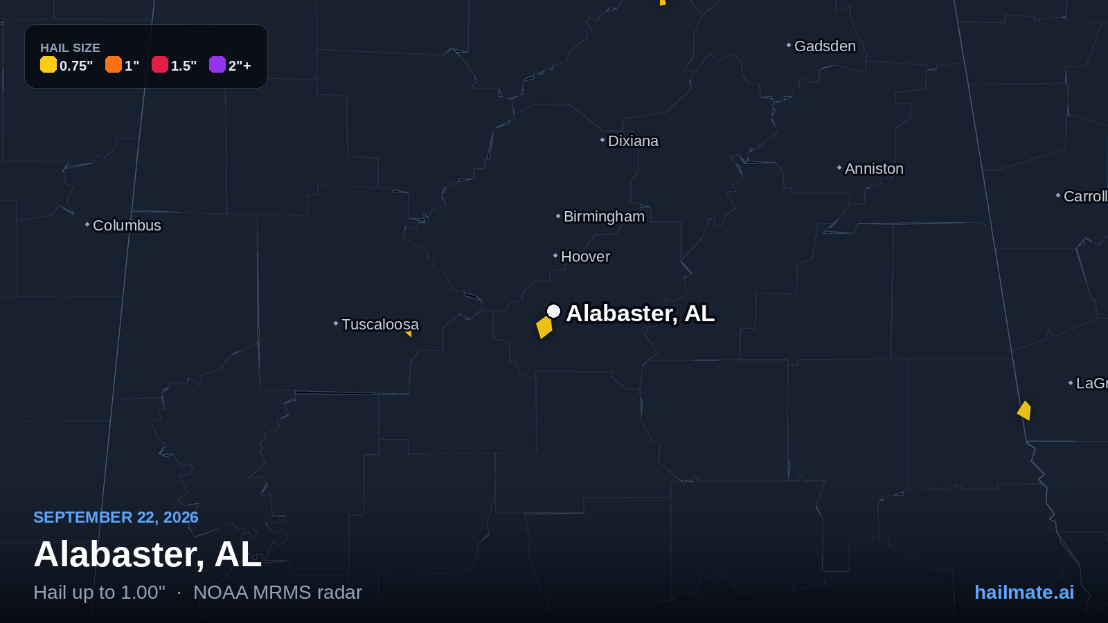 Hail swath map for Alabaster, AL on September 22, 2026 showing 1.00 inch hail.