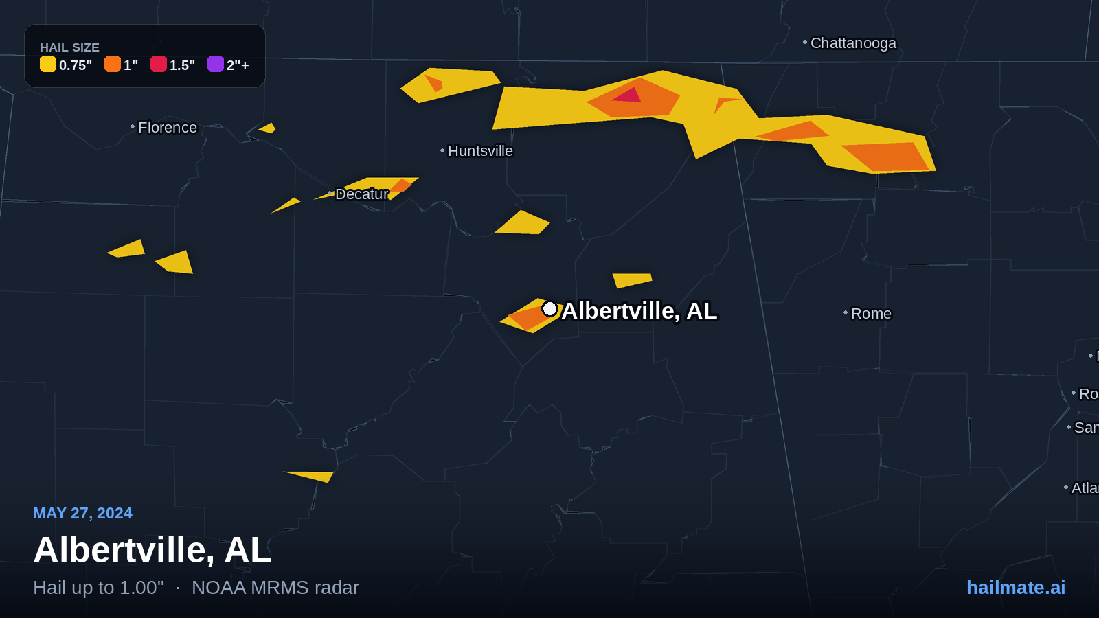 Hail swath map for Albertville, AL on May 27, 2024 showing 1.00 inch hail.