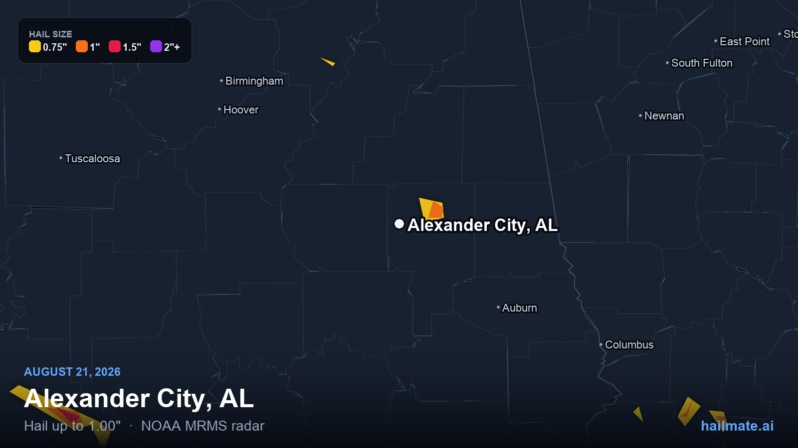 Hail swath map for Alexander City, AL on August 21, 2026 showing 1.00 inch hail.