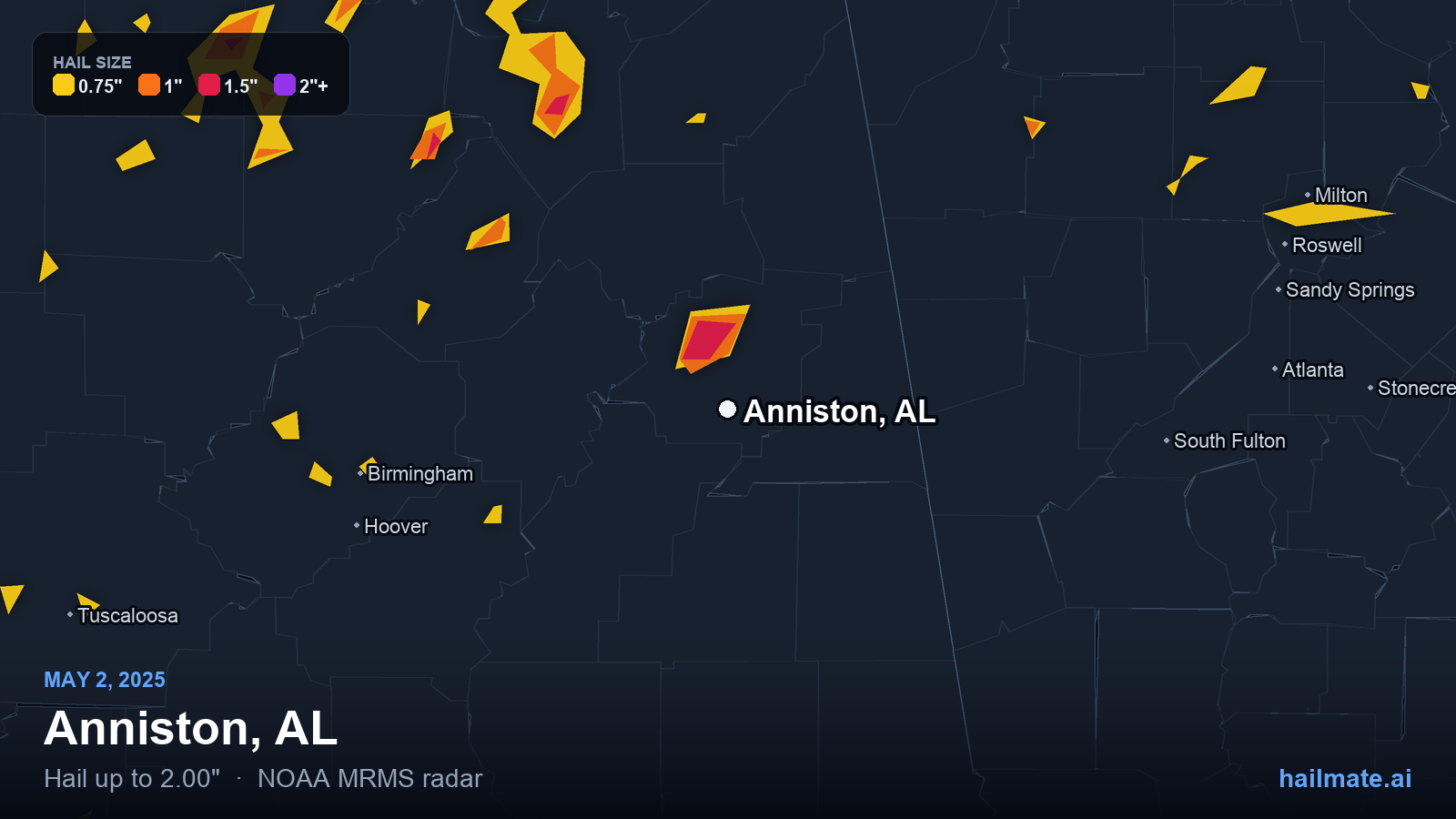 Hail swath map for Anniston, AL on May 2, 2025 showing 2.00 inch hail.