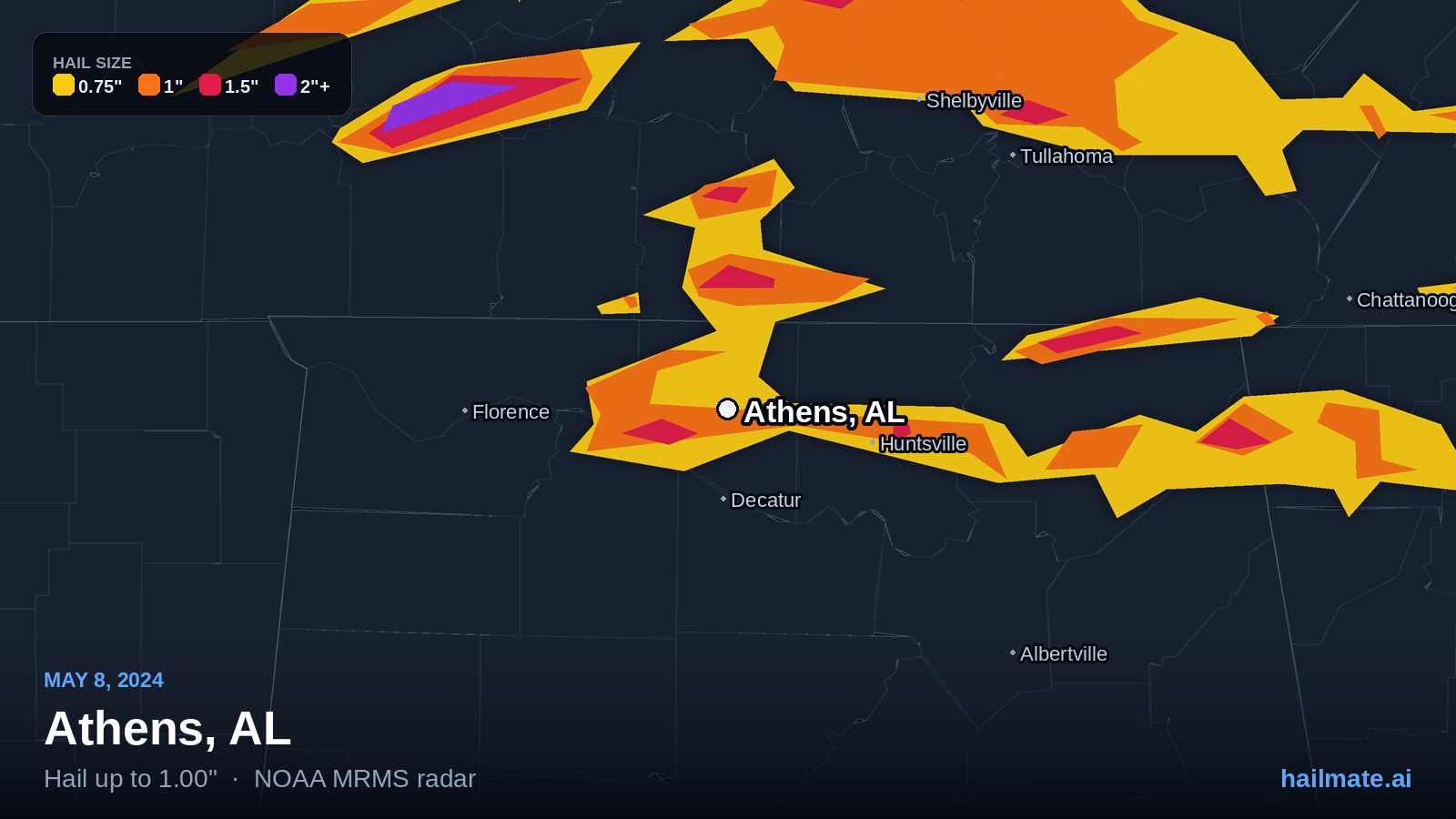 Hail swath map for Athens, AL on May 8, 2024 showing 1.00 inch hail.