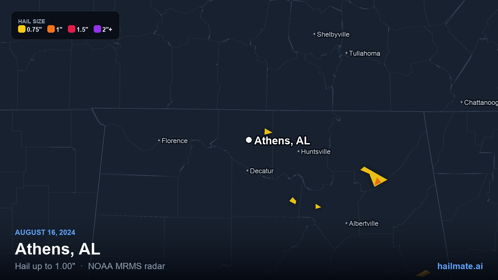 Hail swath map for Athens, AL on August 16, 2024 showing 1.00 inch hail.