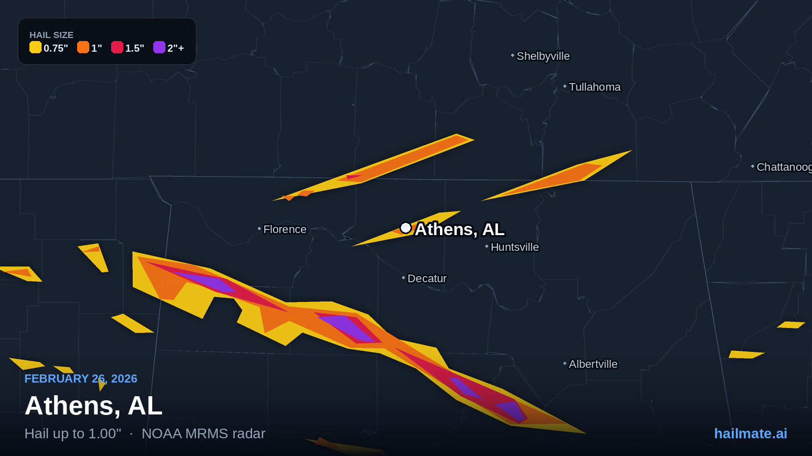 Hail swath map for Athens, AL on February 26, 2026 showing 1.00 inch hail.