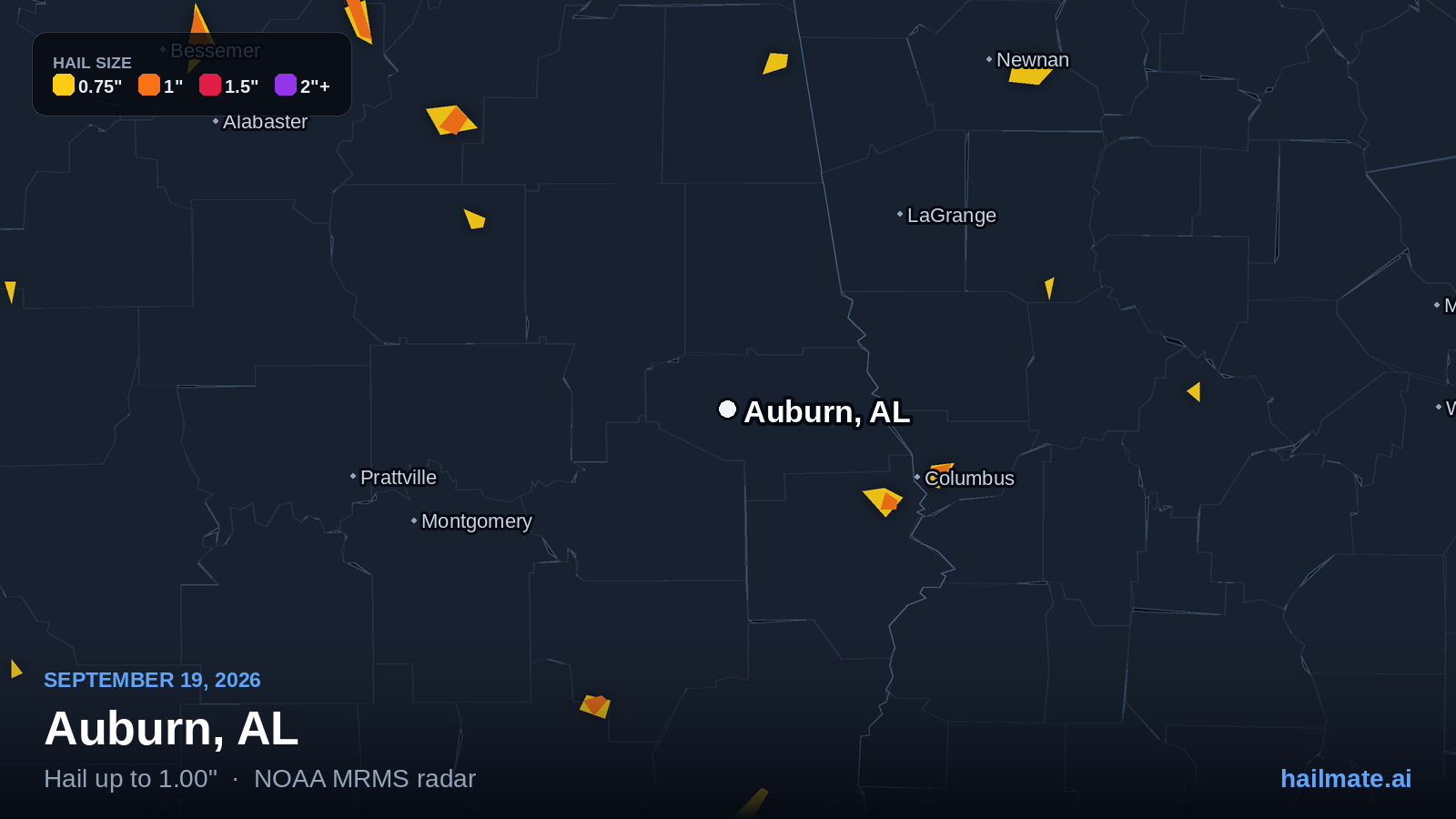 Hail swath map for Auburn, AL on September 19, 2026 showing 1.00 inch hail.