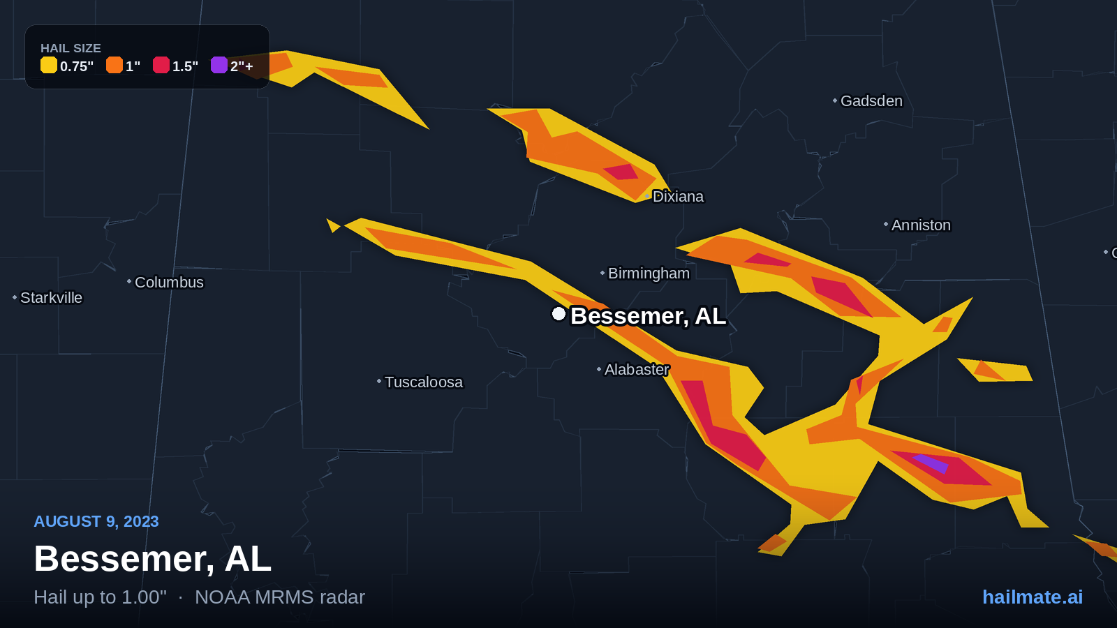 Hail swath map for Bessemer, AL on August 9, 2023 showing 1.00 inch hail.