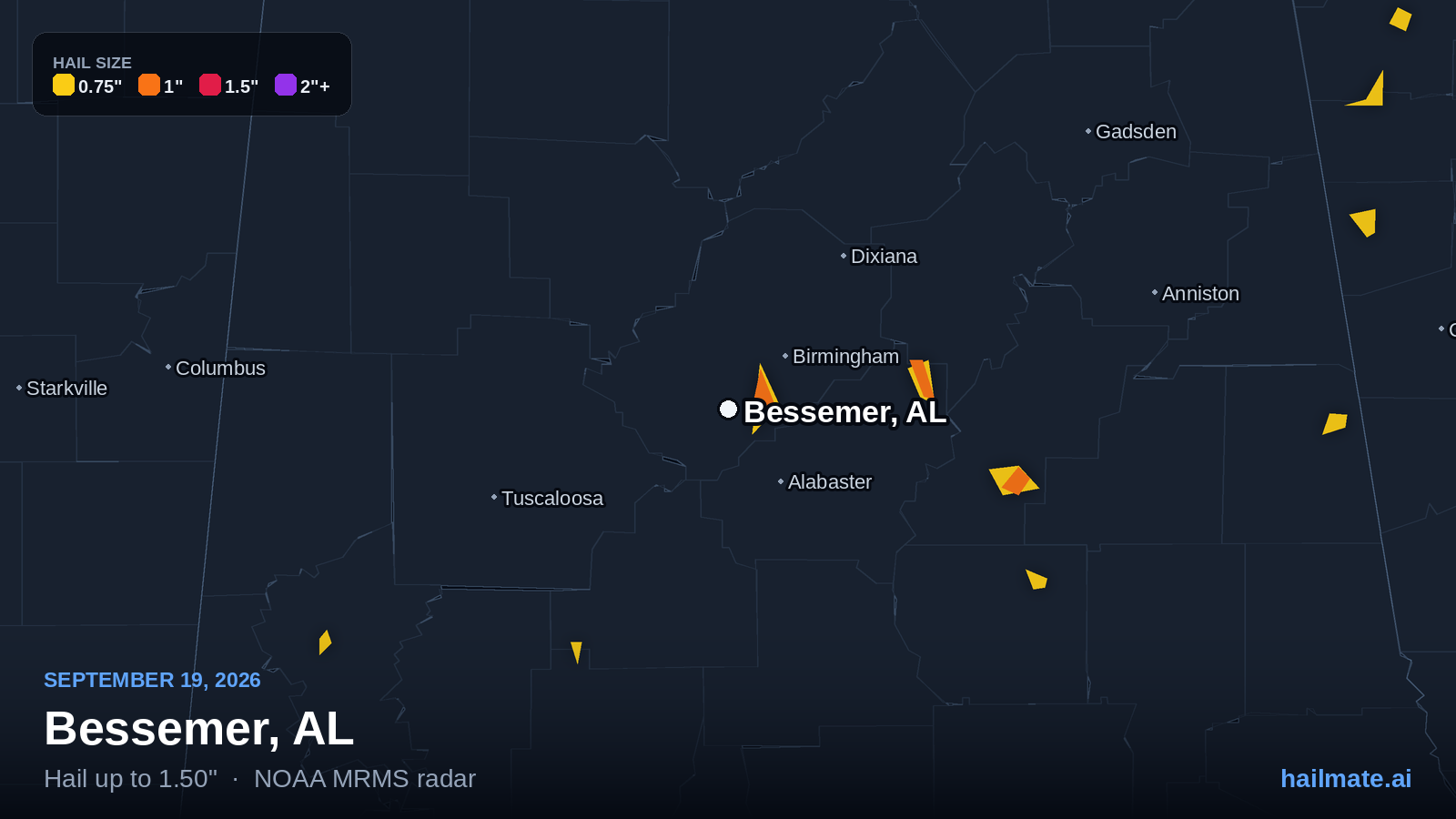 Hail swath map for Bessemer, AL on September 19, 2026 showing 1.50 inch hail.