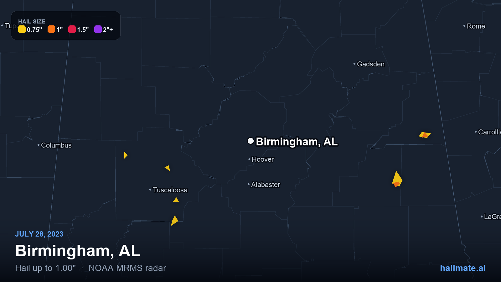 Hail swath map for Birmingham, AL on July 28, 2023 showing 1.00 inch hail.