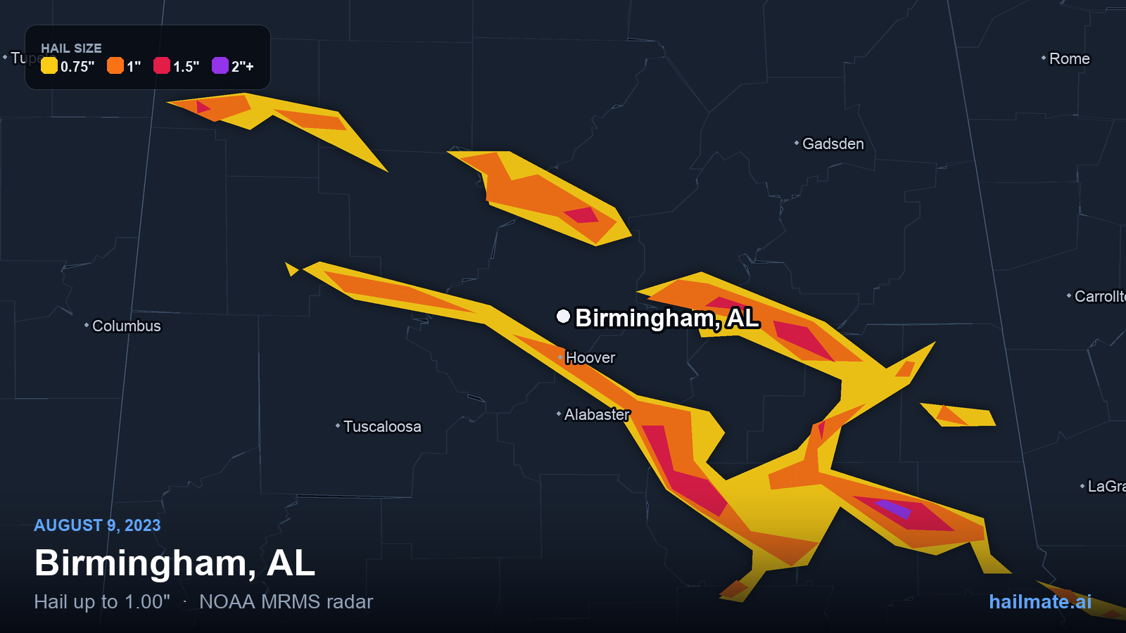 Hail swath map for Birmingham, AL on August 9, 2023 showing 1.00 inch hail.
