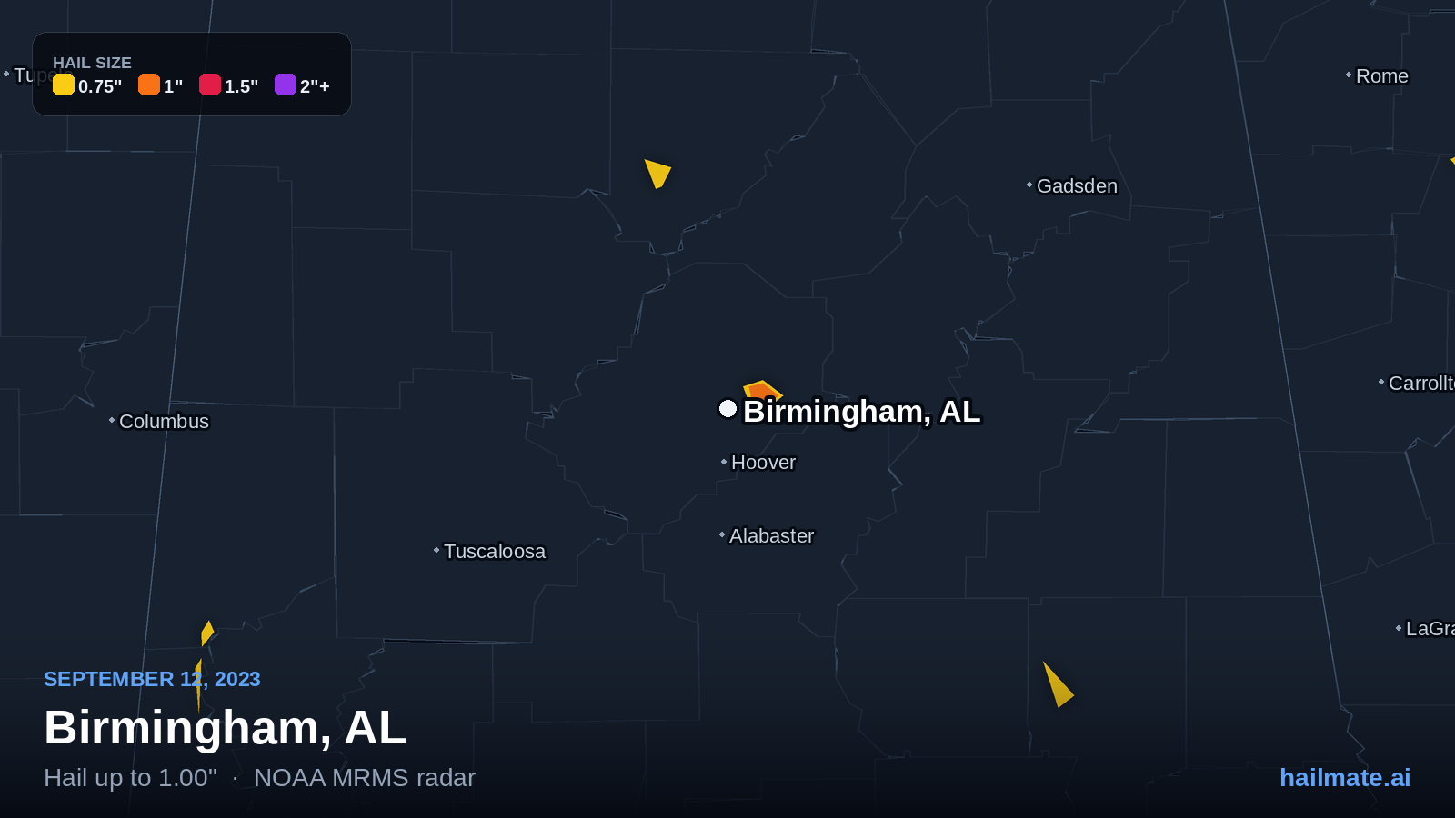 Hail swath map for Birmingham, AL on September 12, 2023 showing 1.00 inch hail.