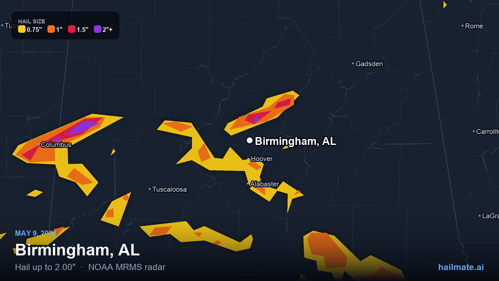 Hail swath map for Birmingham, AL on May 9, 2024 showing 2.00 inch hail.