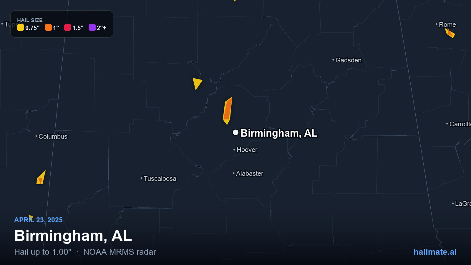 Hail swath map for Birmingham, AL on April 23, 2025 showing 1.00 inch hail.