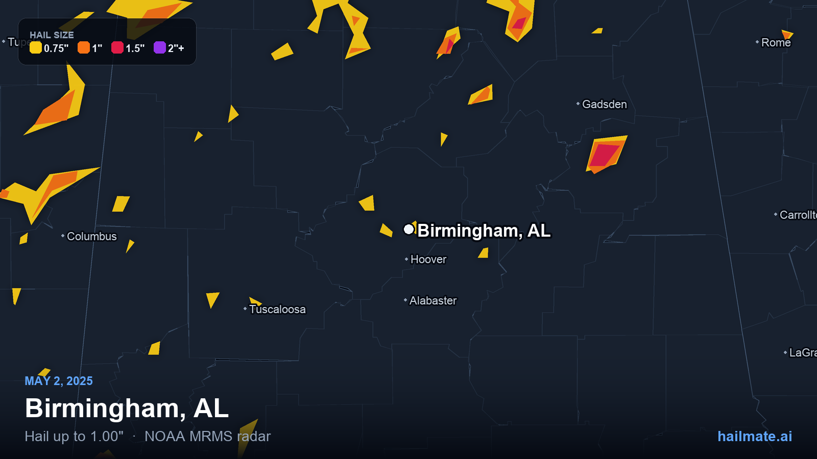 Hail swath map for Birmingham, AL on May 2, 2025 showing 1.00 inch hail.