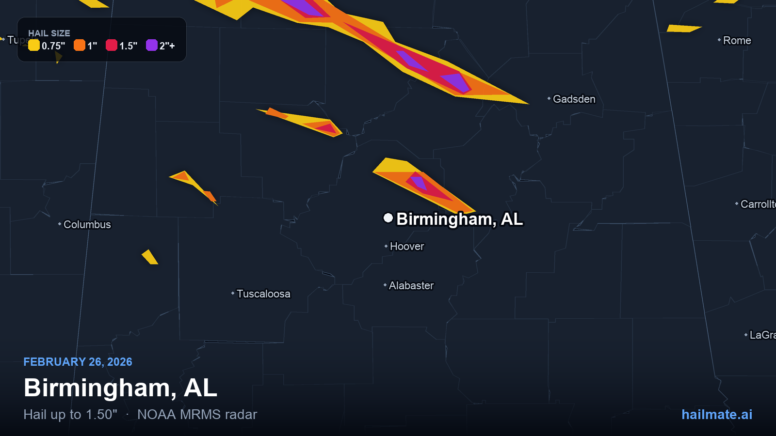 Hail swath map for Birmingham, AL on February 26, 2026 showing 1.50 inch hail.