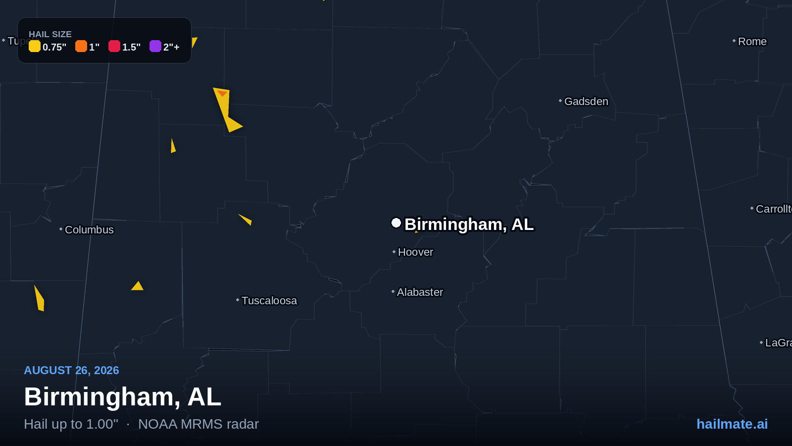 Hail swath map for Birmingham, AL on August 26, 2026 showing 1.00 inch hail.