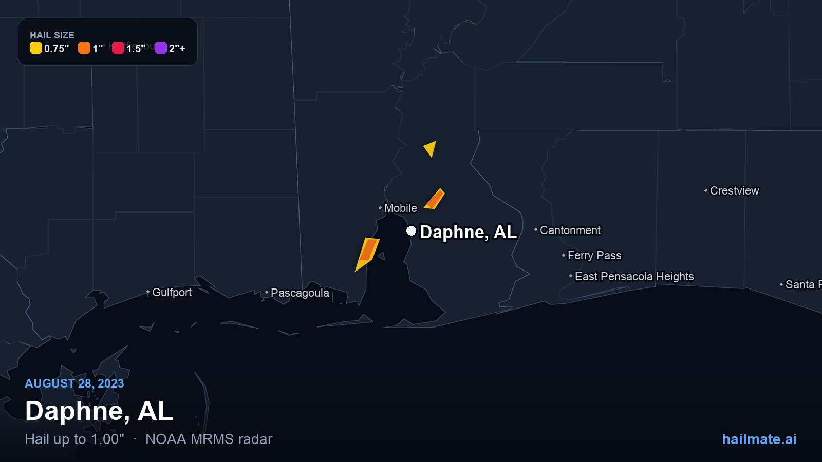 Hail swath map for Daphne, AL on August 28, 2023 showing 1.00 inch hail.