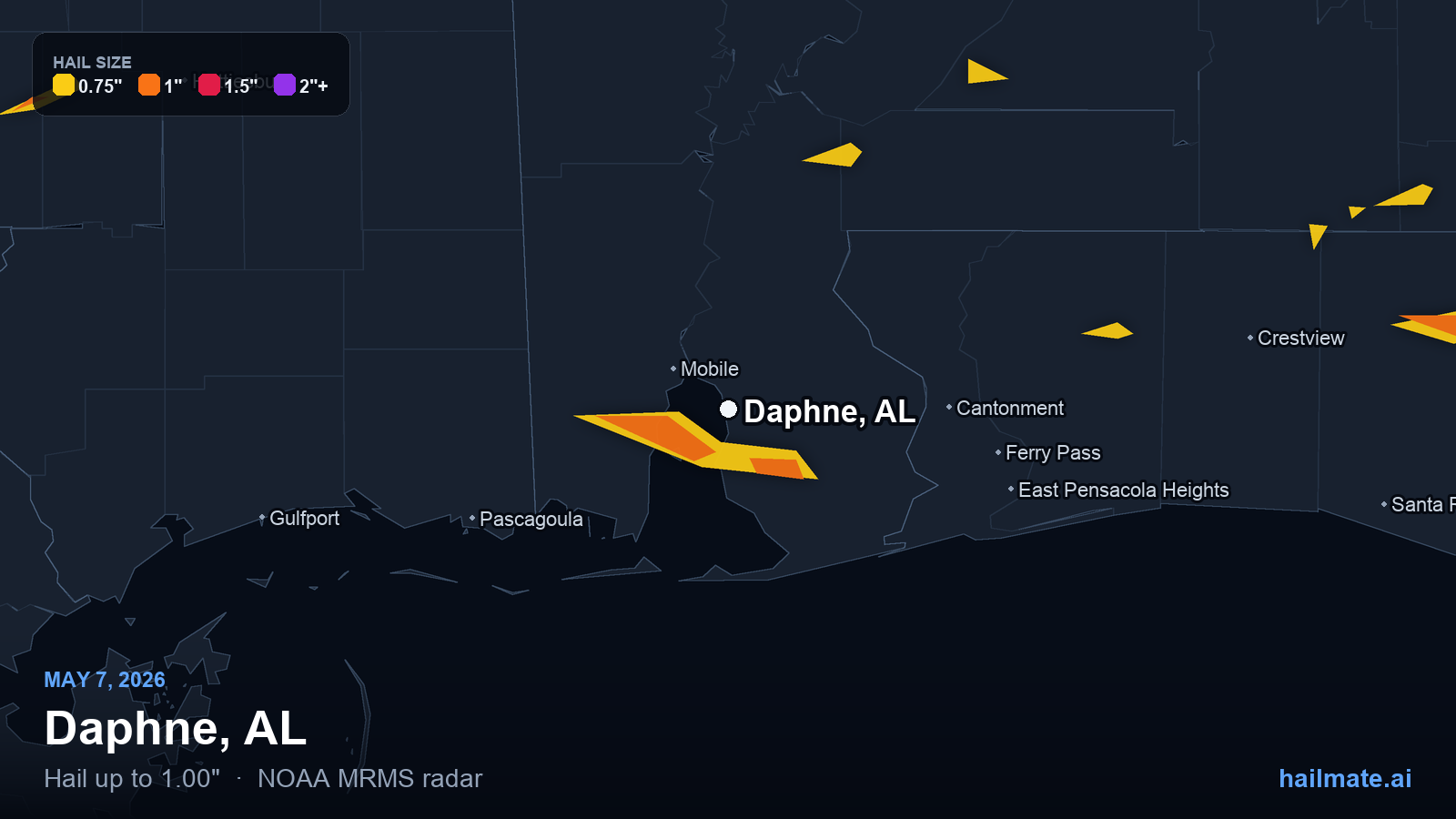 Hail swath map for Daphne, AL on May 7, 2026 showing 1.00 inch hail.