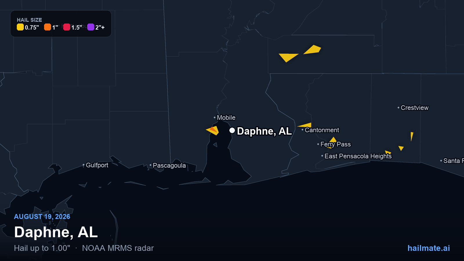 Hail swath map for Daphne, AL on August 19, 2026 showing 1.00 inch hail.