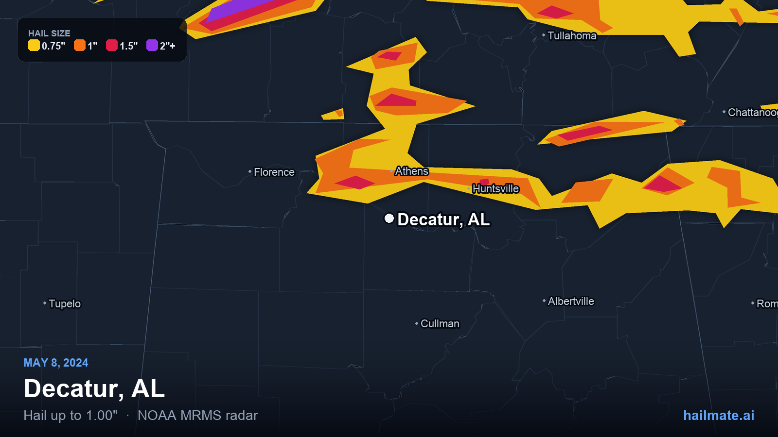 Hail swath map for Decatur, AL on May 8, 2024 showing 1.00 inch hail.