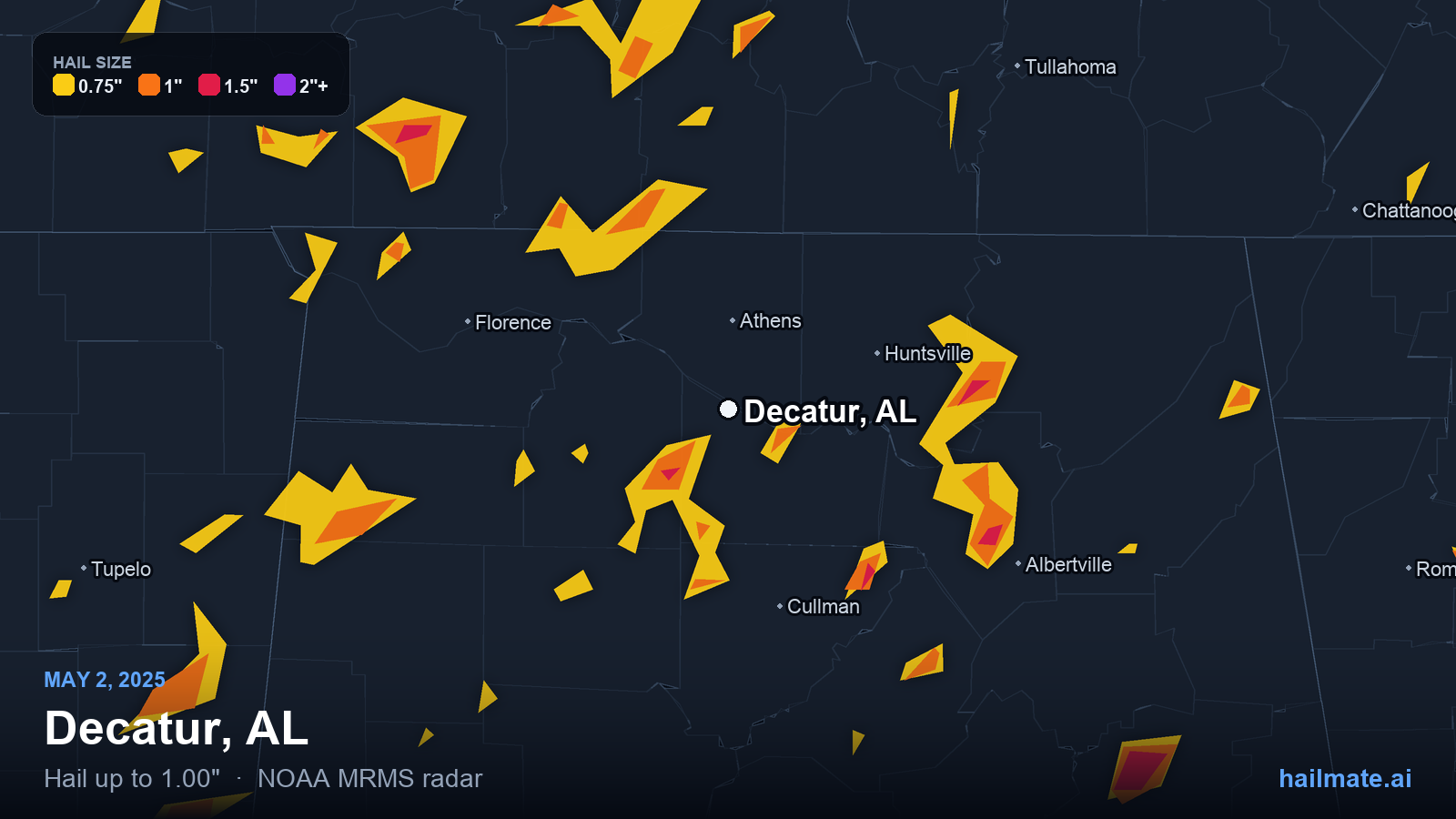 Hail swath map for Decatur, AL on May 2, 2025 showing 1.00 inch hail.