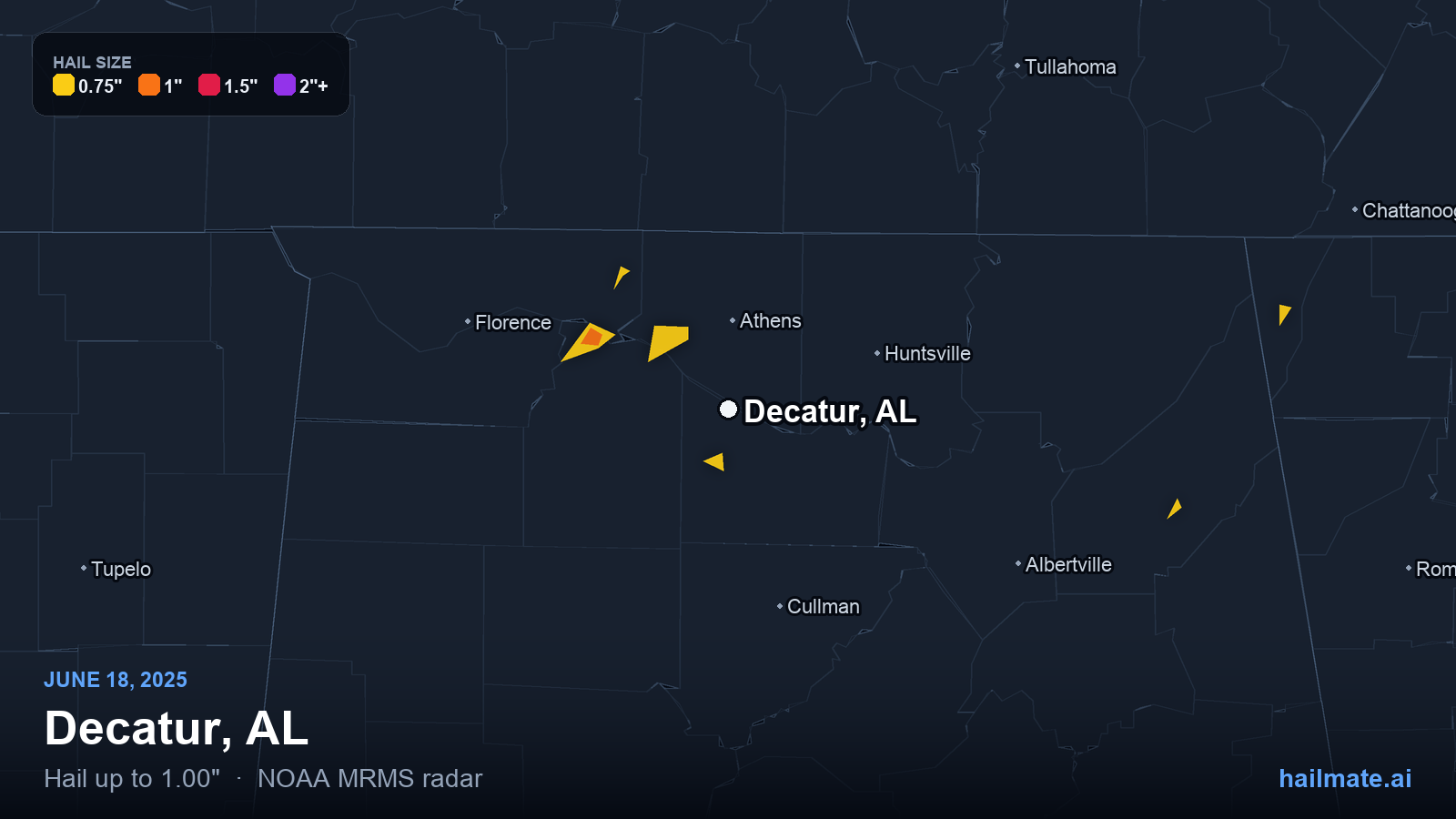 Hail swath map for Decatur, AL on June 18, 2025 showing 1.00 inch hail.