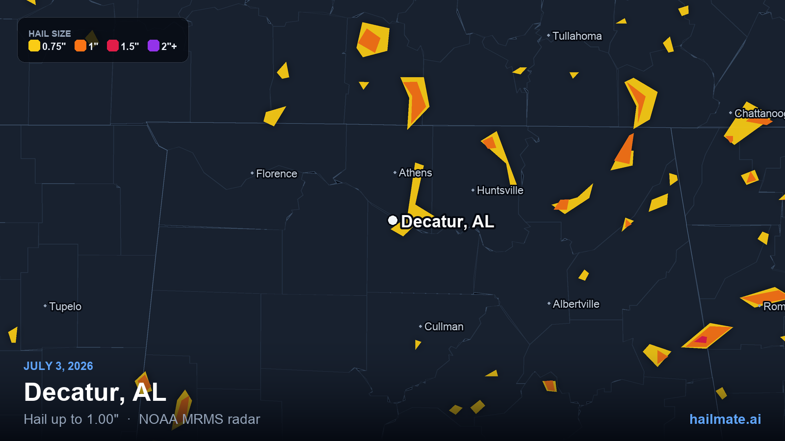 Hail swath map for Decatur, AL on July 3, 2026 showing 1.00 inch hail.