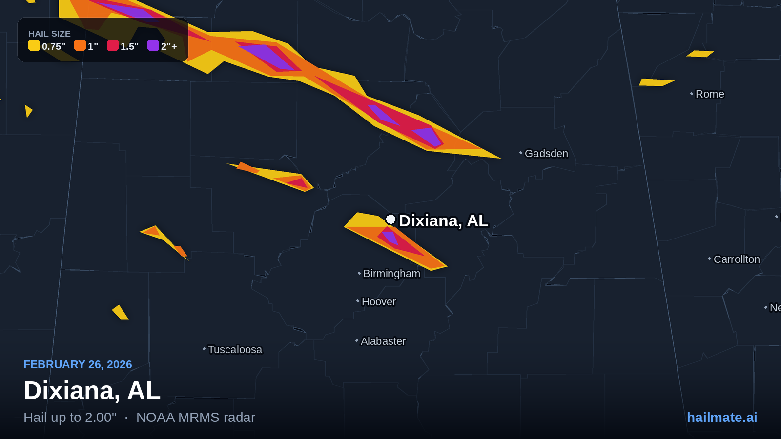 Hail swath map for Dixiana, AL on February 26, 2026 showing 2.00 inch hail.