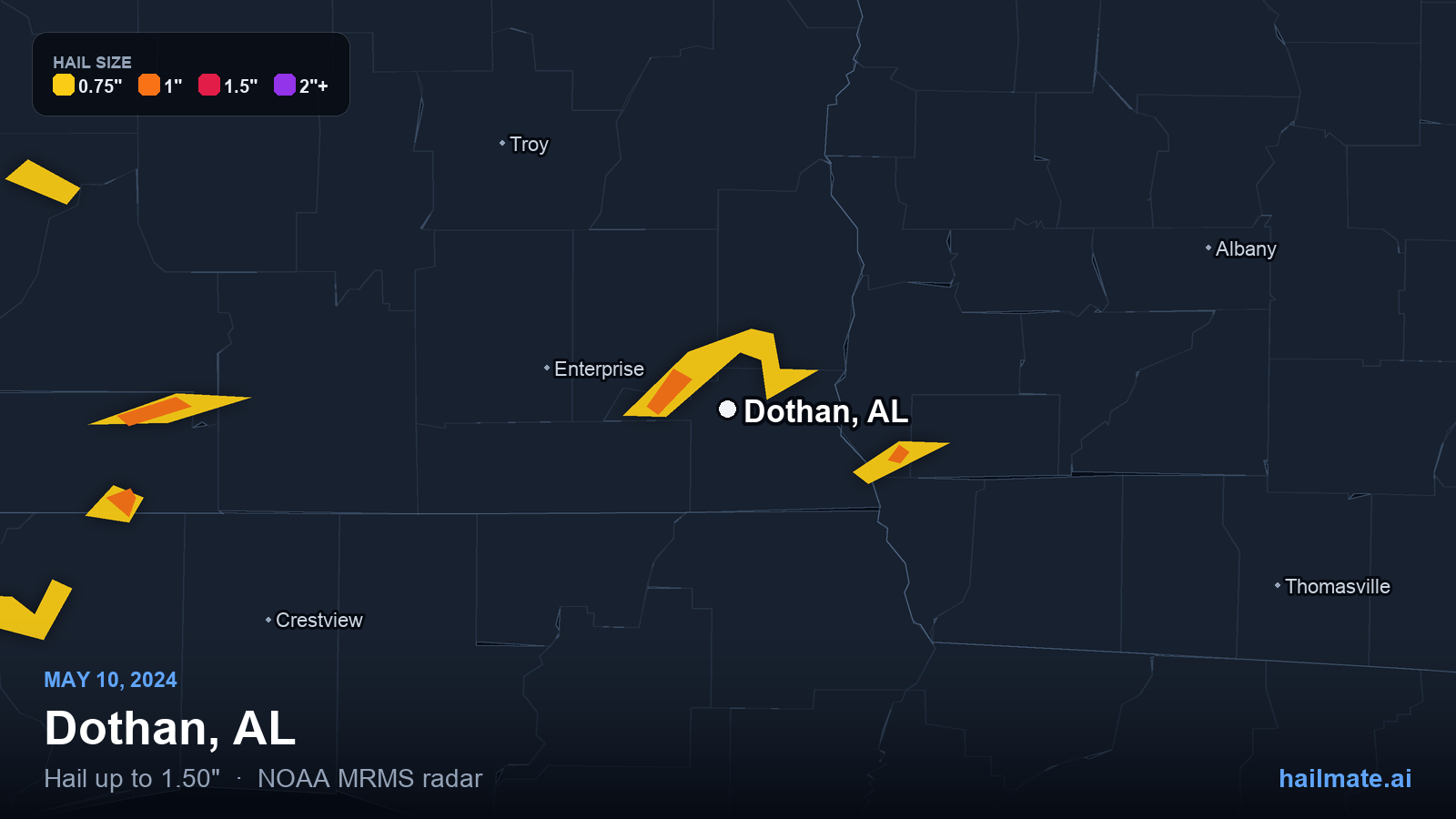 Hail swath map for Dothan, AL on May 10, 2024 showing 1.50 inch hail.