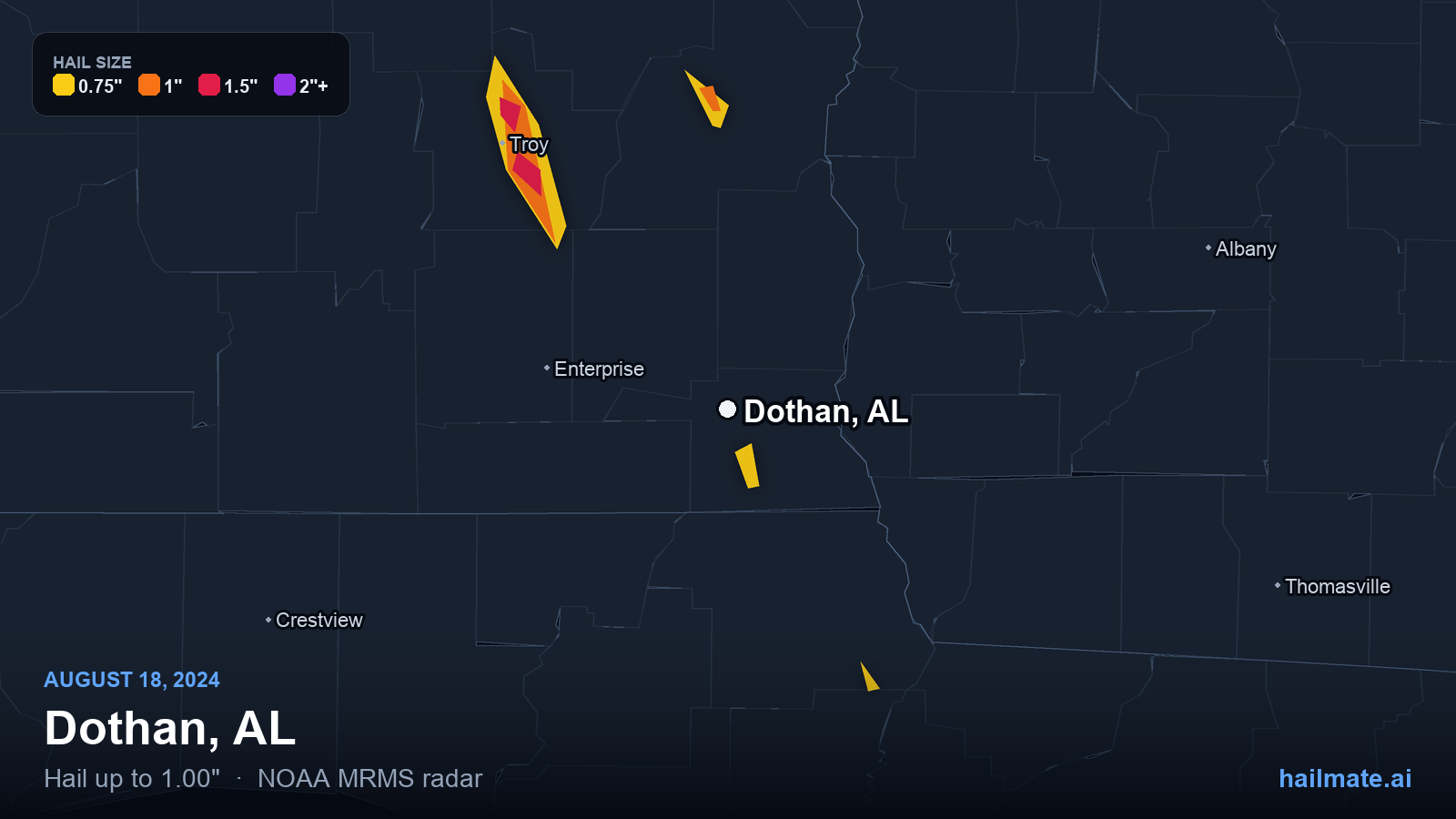 Hail swath map for Dothan, AL on August 18, 2024 showing 1.00 inch hail.