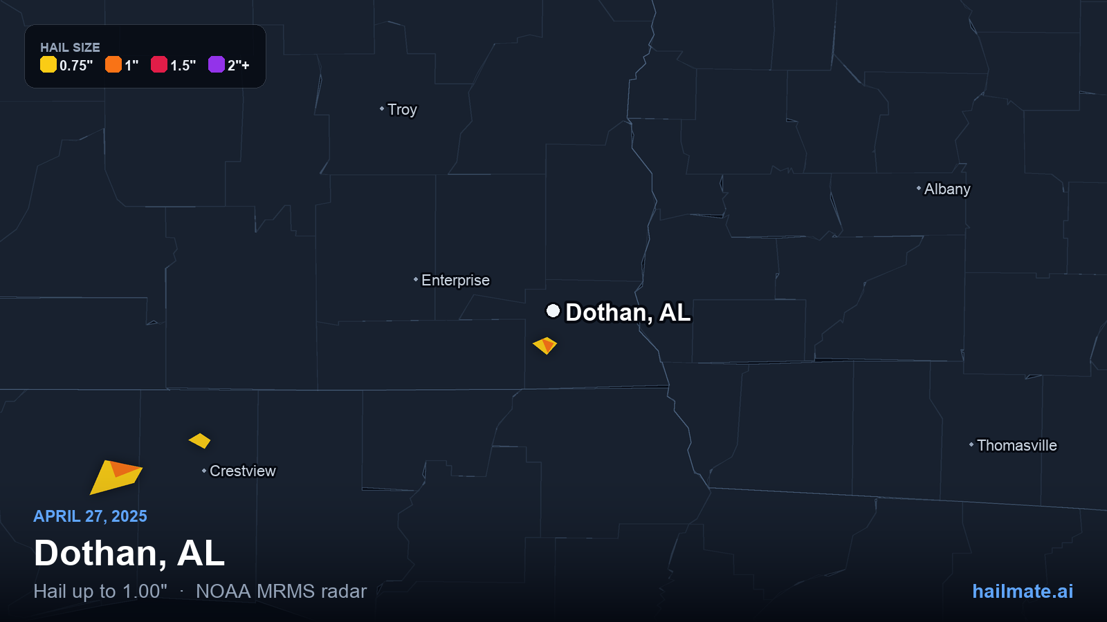 Hail swath map for Dothan, AL on April 27, 2025 showing 1.00 inch hail.
