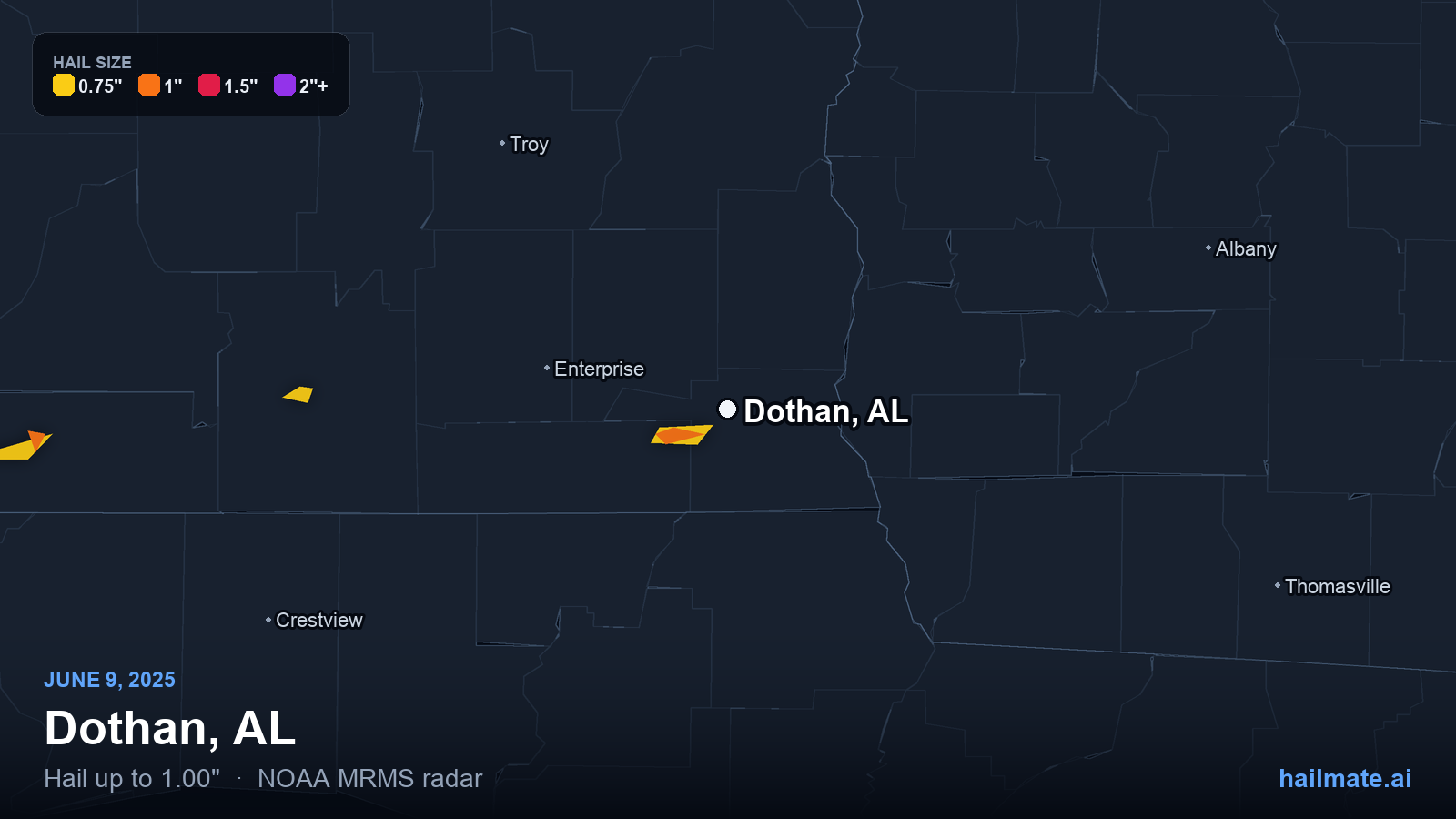 Hail swath map for Dothan, AL on June 9, 2025 showing 1.00 inch hail.