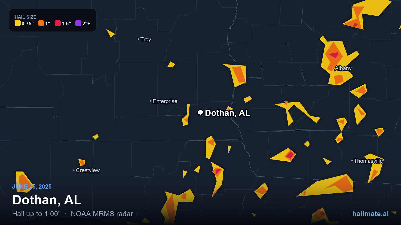 Hail swath map for Dothan, AL on June 25, 2025 showing 1.00 inch hail.