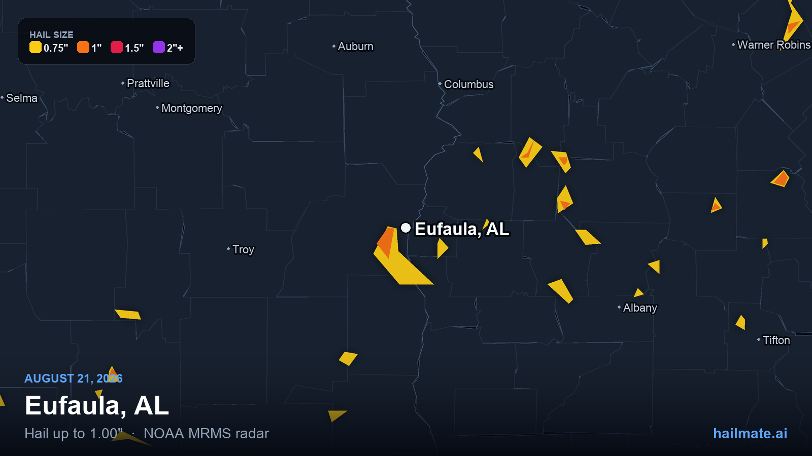 Hail swath map for Eufaula, AL on August 21, 2026 showing 1.00 inch hail.