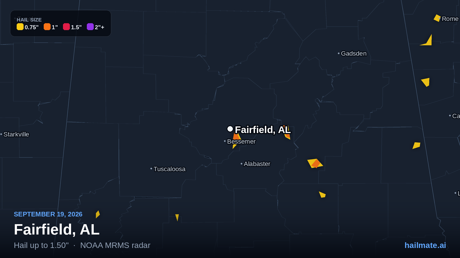 Hail swath map for Fairfield, AL on September 19, 2026 showing 1.50 inch hail.