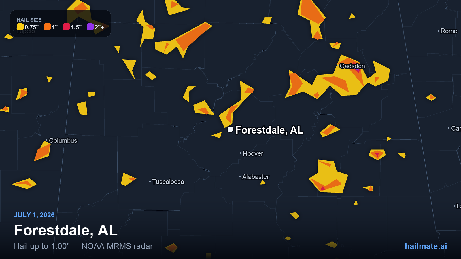 Hail swath map for Forestdale, AL on July 1, 2026 showing 1.00 inch hail.