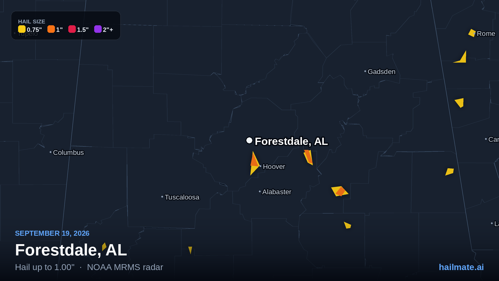 Hail swath map for Forestdale, AL on September 19, 2026 showing 1.00 inch hail.