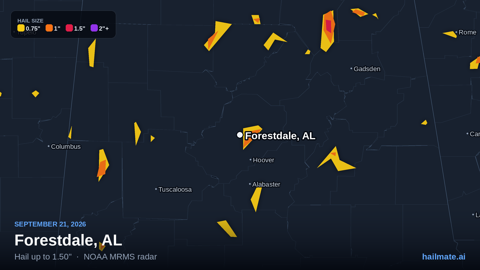 Hail swath map for Forestdale, AL on September 21, 2026 showing 1.50 inch hail.