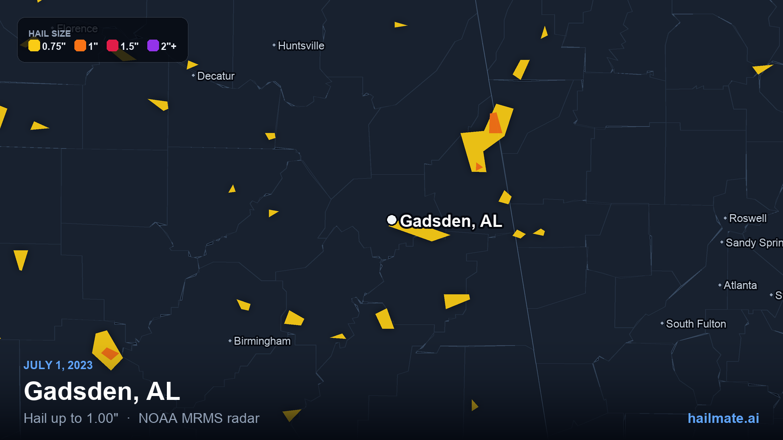 Hail swath map for Gadsden, AL on July 1, 2023 showing 1.00 inch hail.