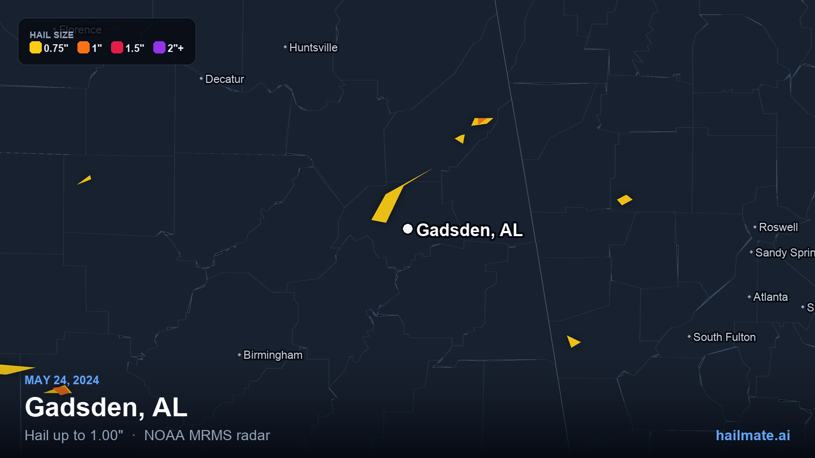 Hail swath map for Gadsden, AL on May 24, 2024 showing 1.00 inch hail.