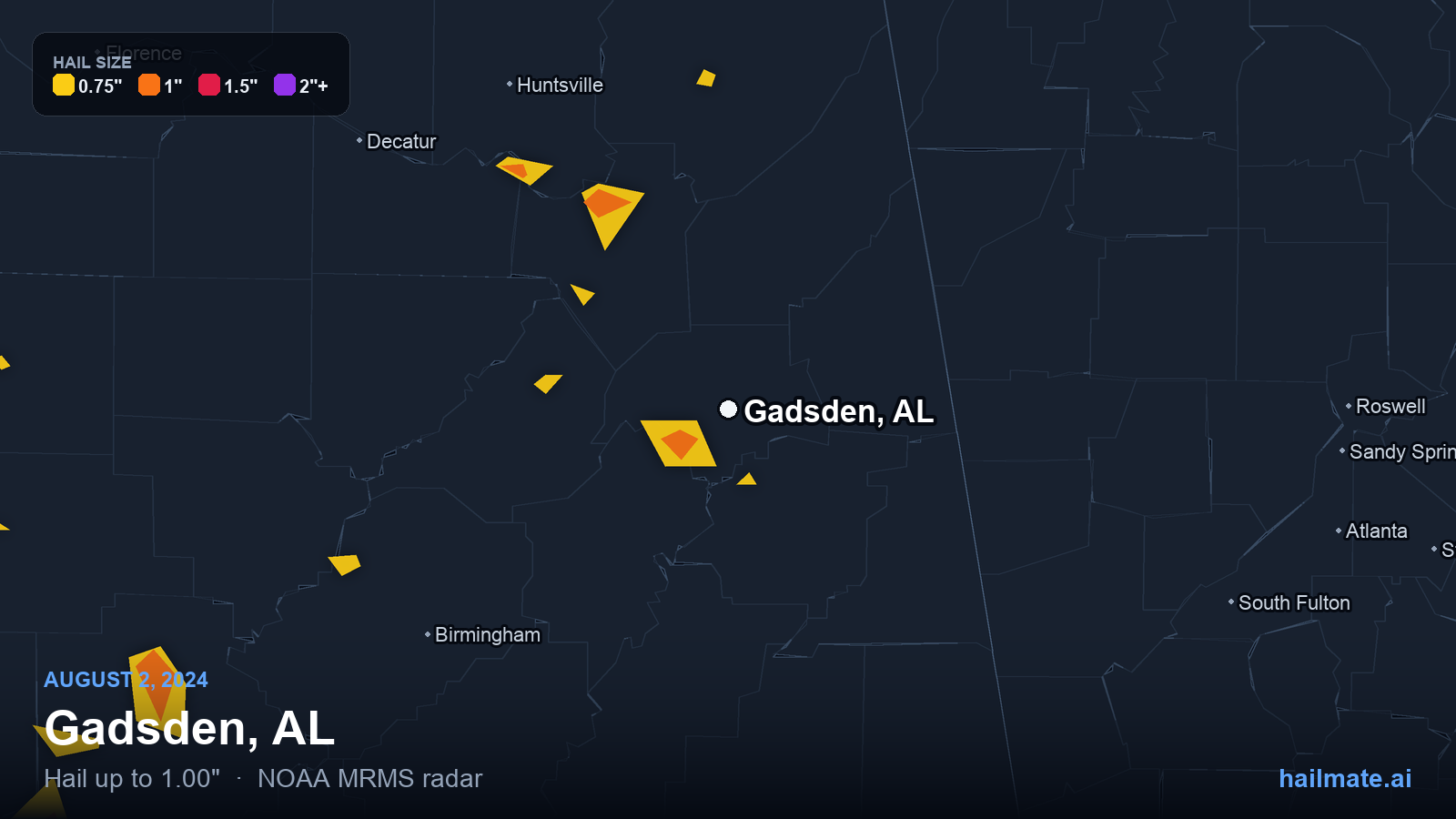 Hail swath map for Gadsden, AL on August 2, 2024 showing 1.00 inch hail.