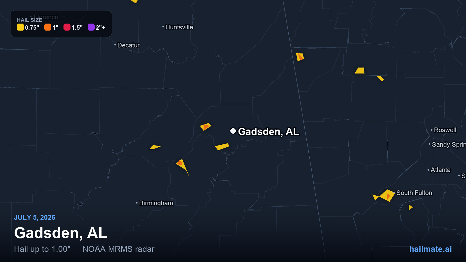 Hail swath map for Gadsden, AL on July 5, 2026 showing 1.00 inch hail.