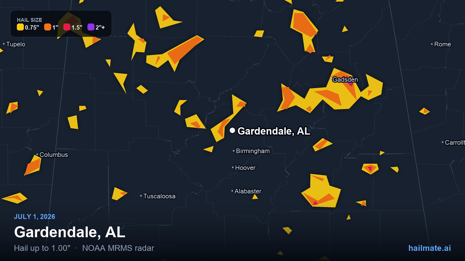 Hail swath map for Gardendale, AL on July 1, 2026 showing 1.00 inch hail.
