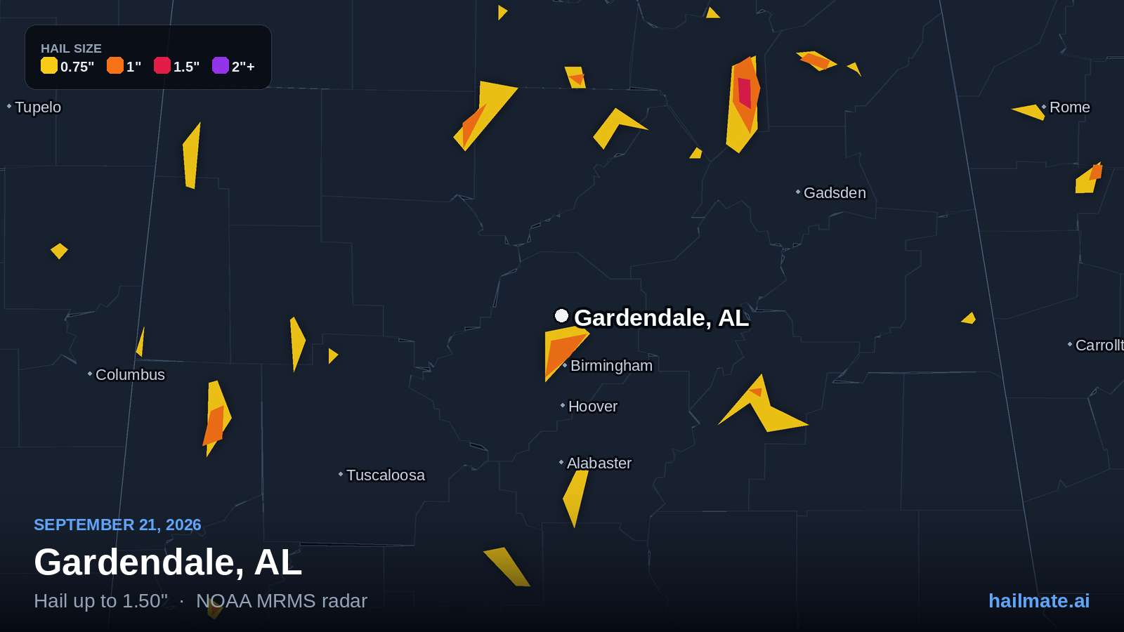 Hail swath map for Gardendale, AL on September 21, 2026 showing 1.50 inch hail.