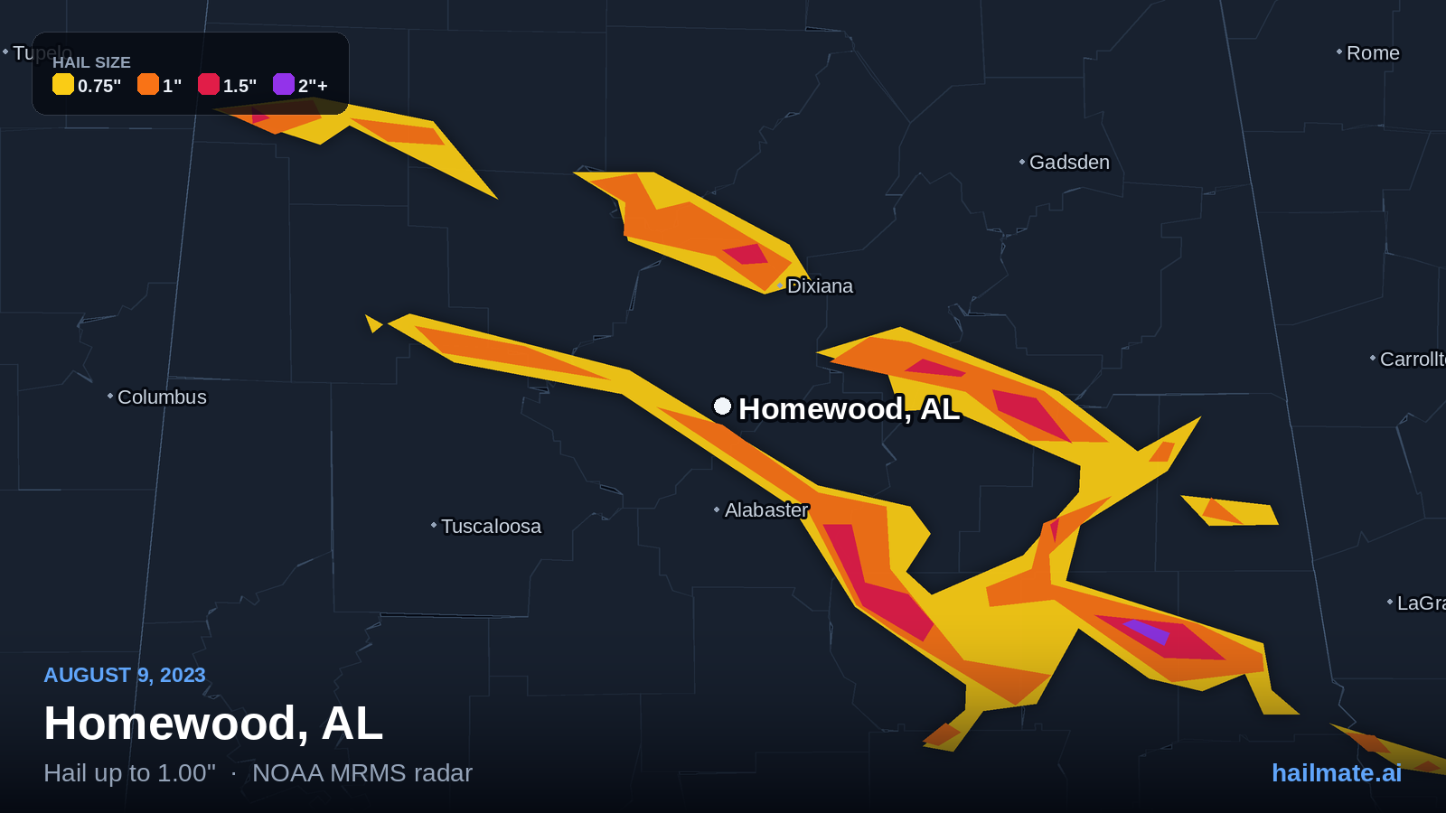 Hail swath map for Homewood, AL on August 9, 2023 showing 1.00 inch hail.
