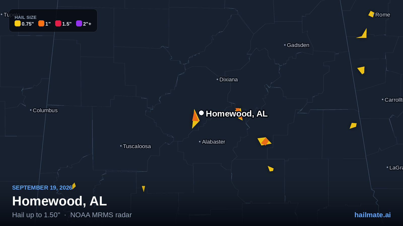 Hail swath map for Homewood, AL on September 19, 2026 showing 1.50 inch hail.