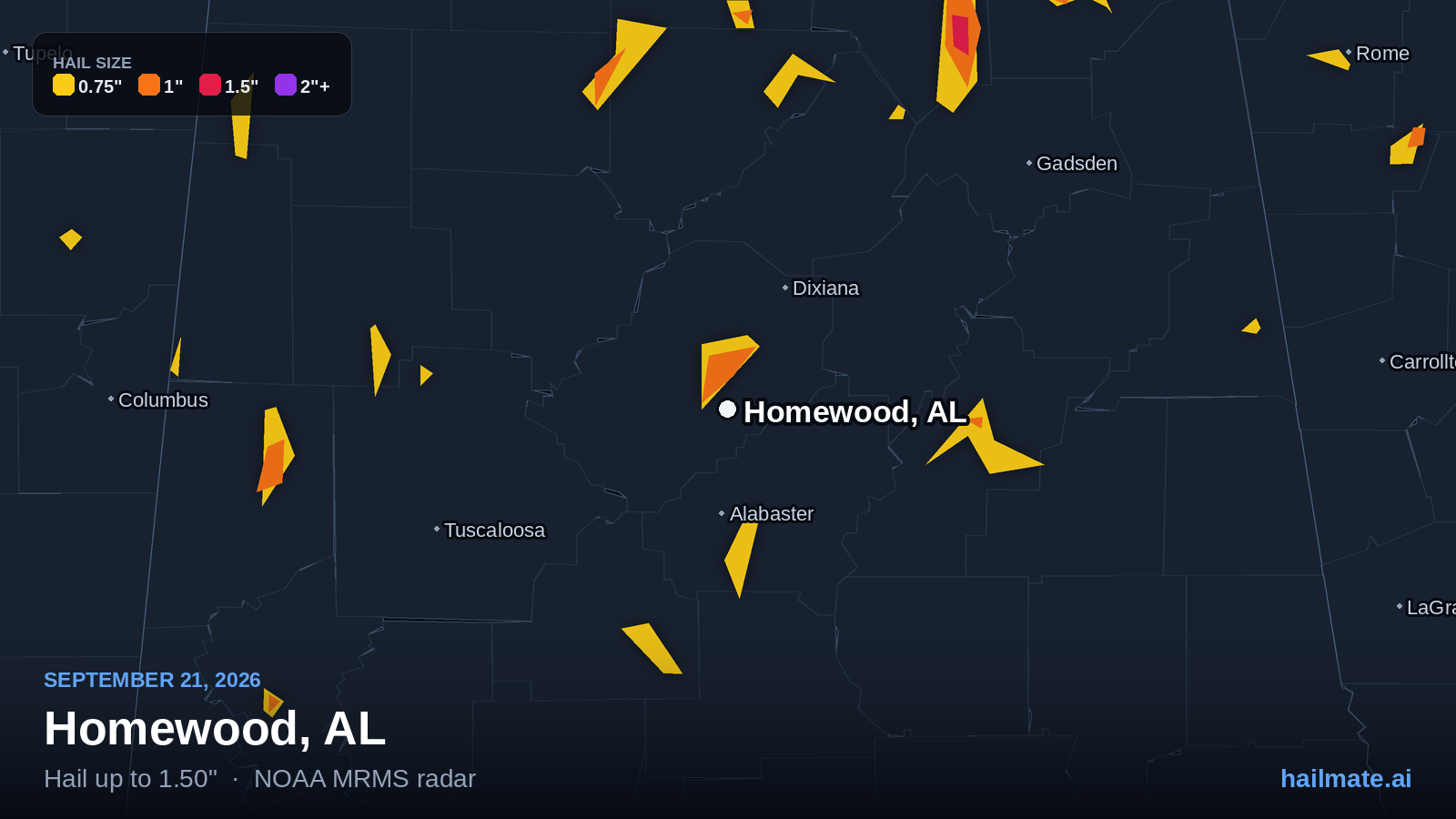 Hail swath map for Homewood, AL on September 21, 2026 showing 1.50 inch hail.