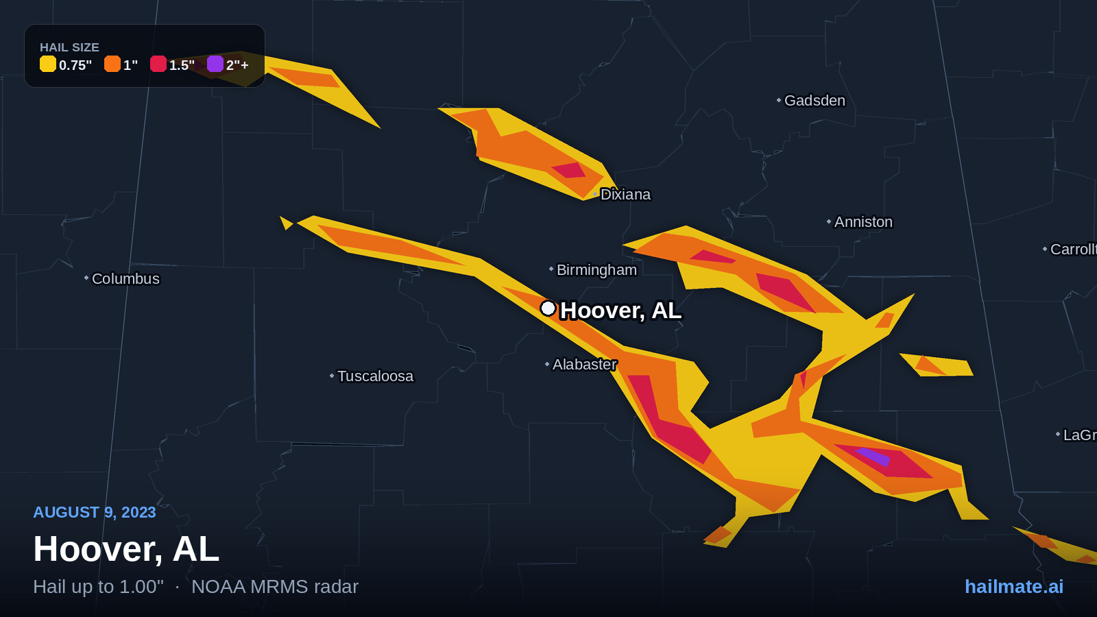 Hail swath map for Hoover, AL on August 9, 2023 showing 1.00 inch hail.