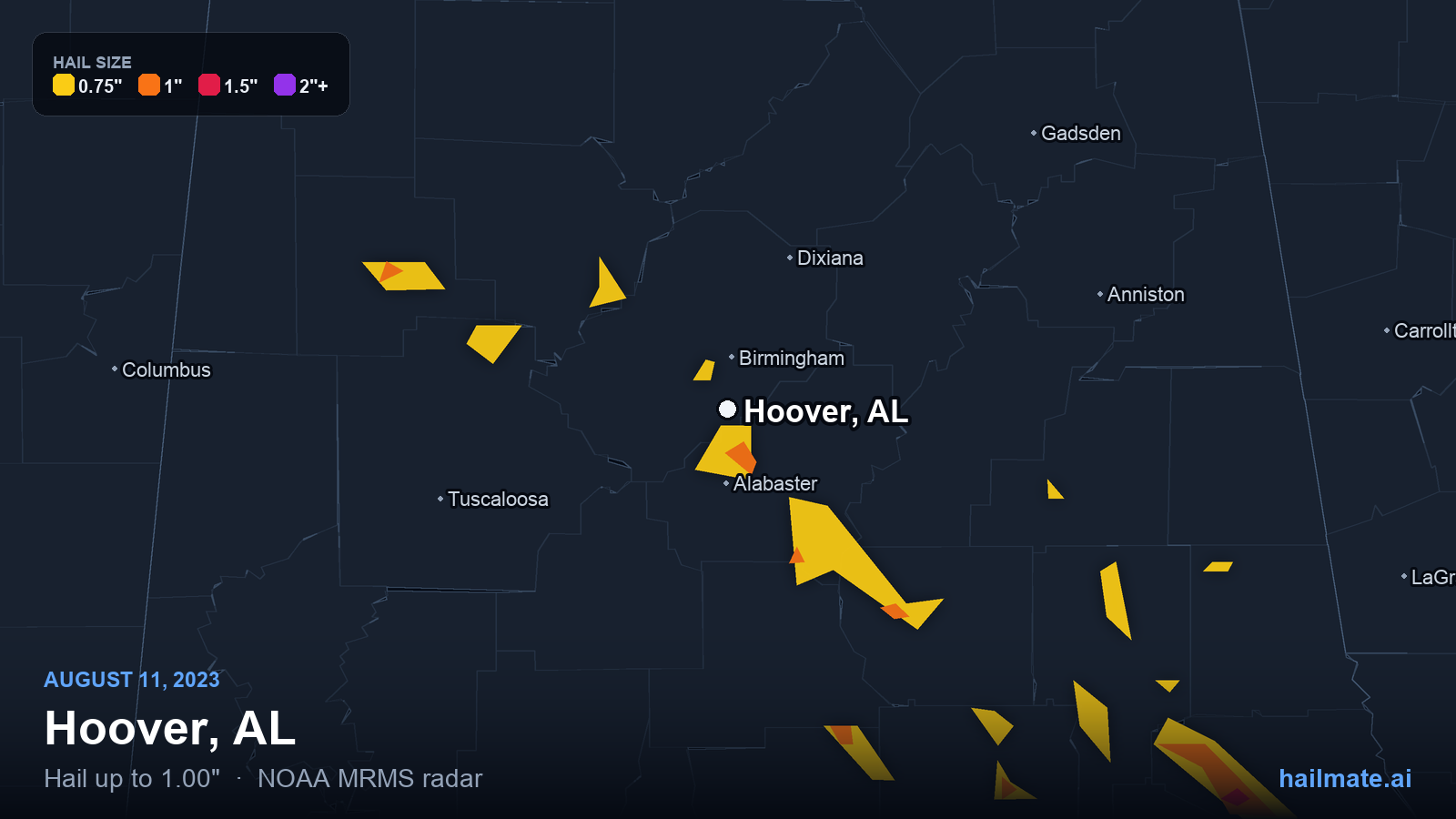 Hail swath map for Hoover, AL on August 11, 2023 showing 1.00 inch hail.