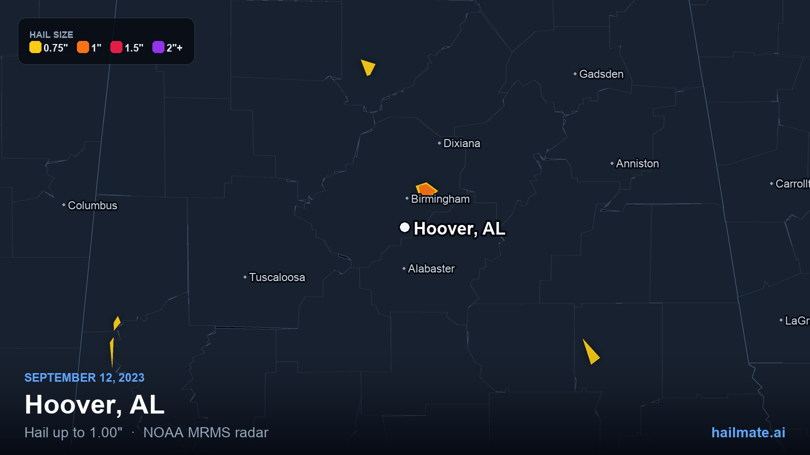 Hail swath map for Hoover, AL on September 12, 2023 showing 1.00 inch hail.