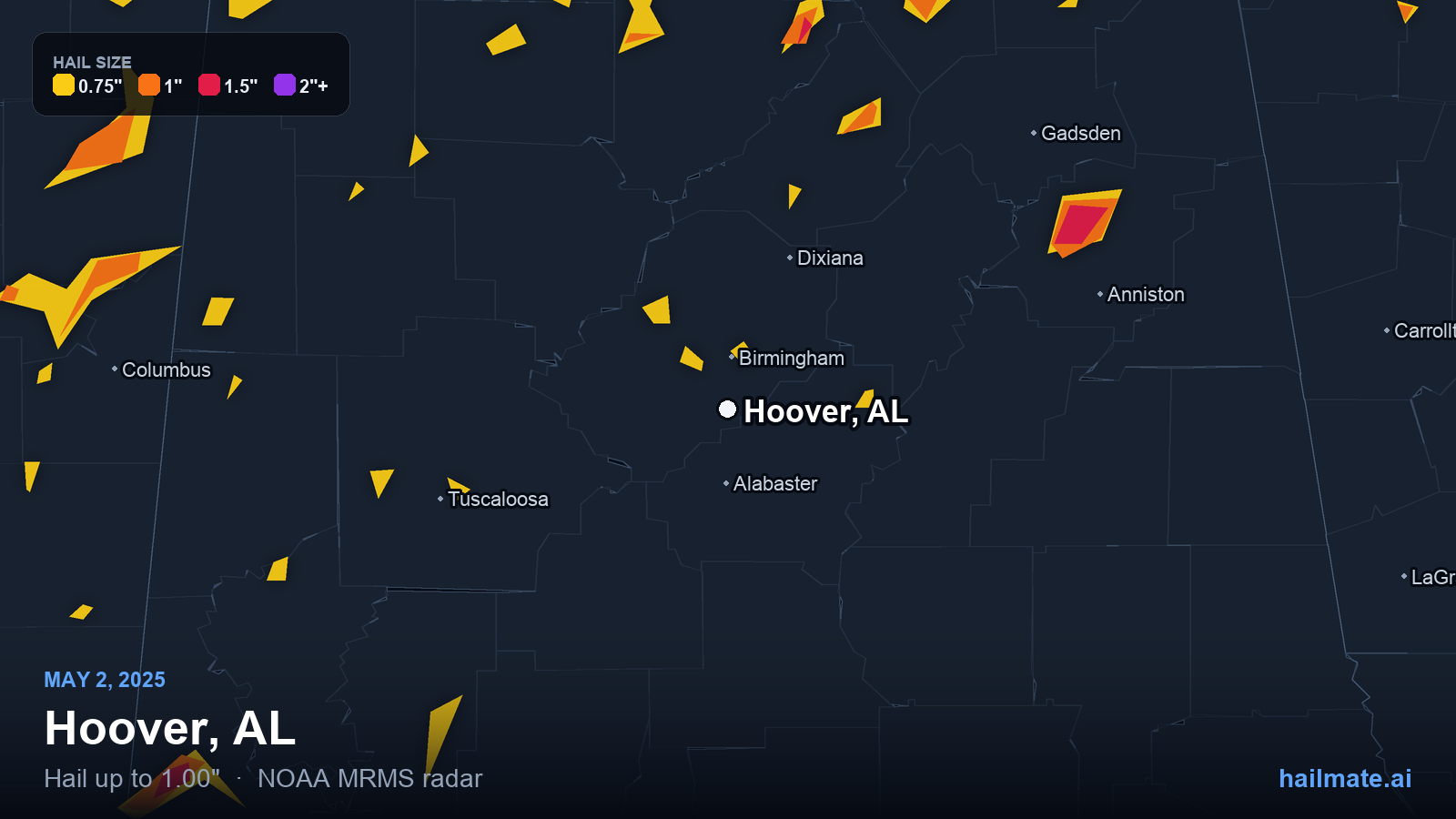 Hail swath map for Hoover, AL on May 2, 2025 showing 1.00 inch hail.